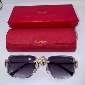 Cartier Buffs Sunglasses Triple Cross Diamond Cut Lens Dark Blue Tint Gold Frame